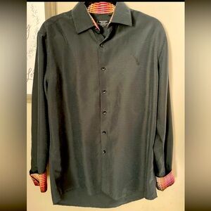 HARD ROCK BLACK LABEL MENS BUTTON DOWN LONG SLEEVE GRAY SHIRT Sz Med Flip Cuffs